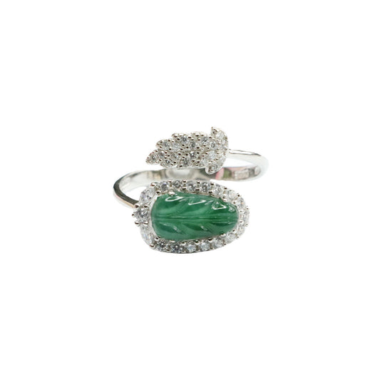 Emperor Green Jade Leaf Sterling Silver Ring