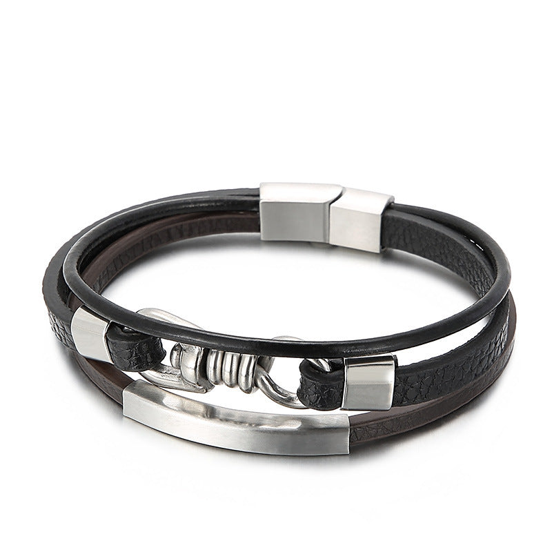 Planderful Mens Leather Titanium Steel Bracelet Punk Style