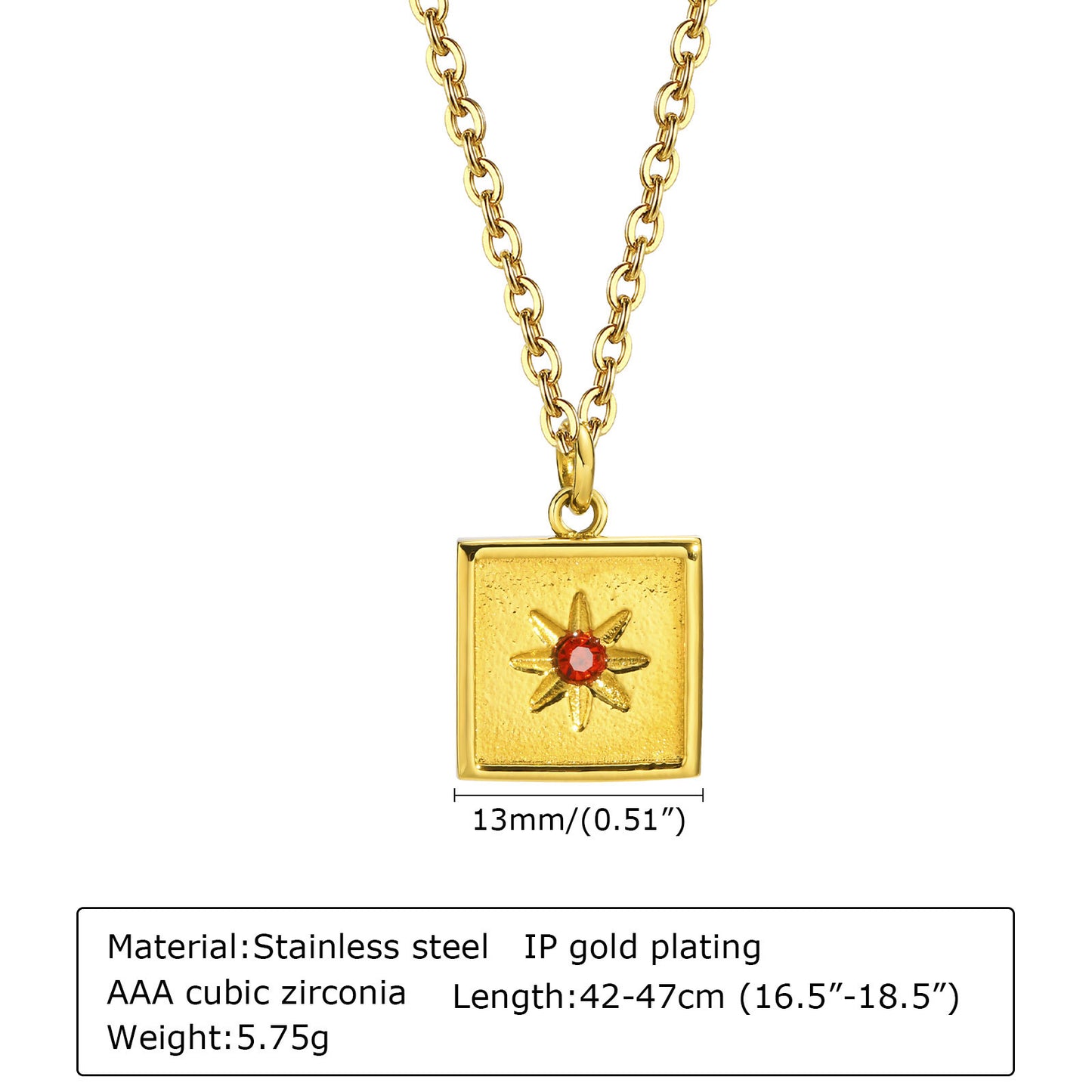 Stainless Steel Red Zircon Octagram Necklace Gold Chain