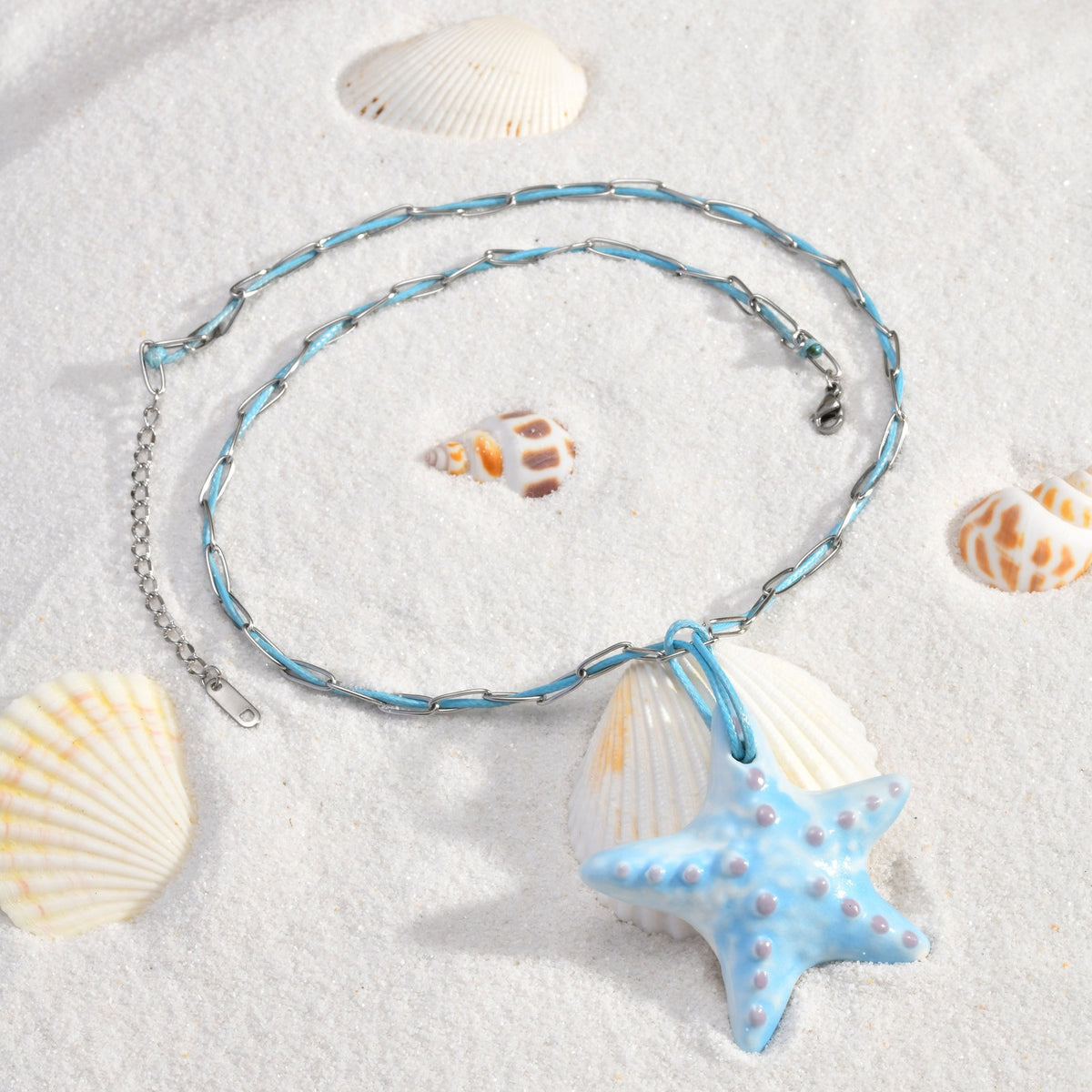 Seaside Vacation Wind Collarbone Chain Stainless Steel Ceramic Starfish Shallow Lake Blue Necklace