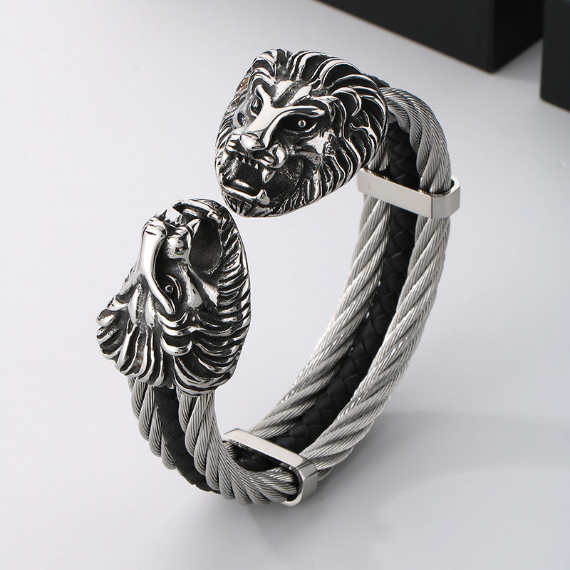 Planderful Titanium Lion Head Leather Bracelet For Men
