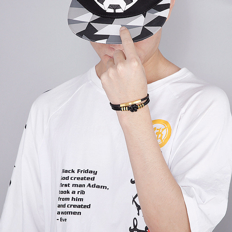 Planderful Handwoven Mens Leather Rope Bracelet Stainless