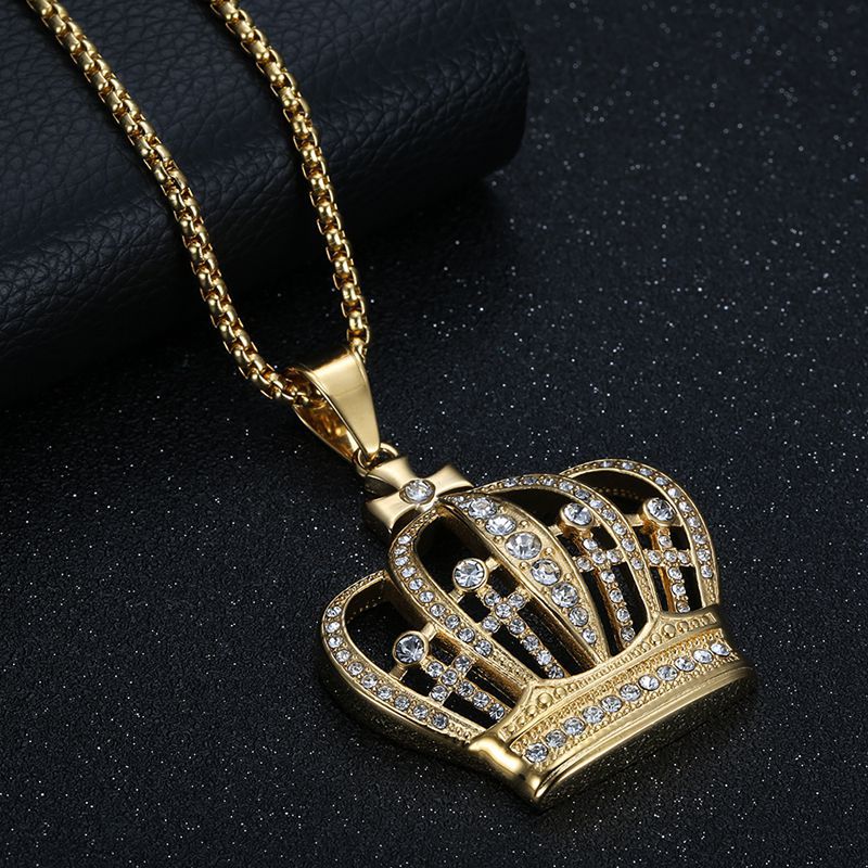 Planderful Crown Pendant Necklace Titanium Steel Gold Plated Zircon For Hip Hop Fans