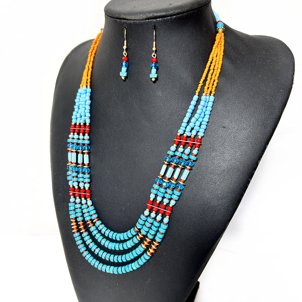 Bohemian Melange Glass Beaded Necklace and Earring Set