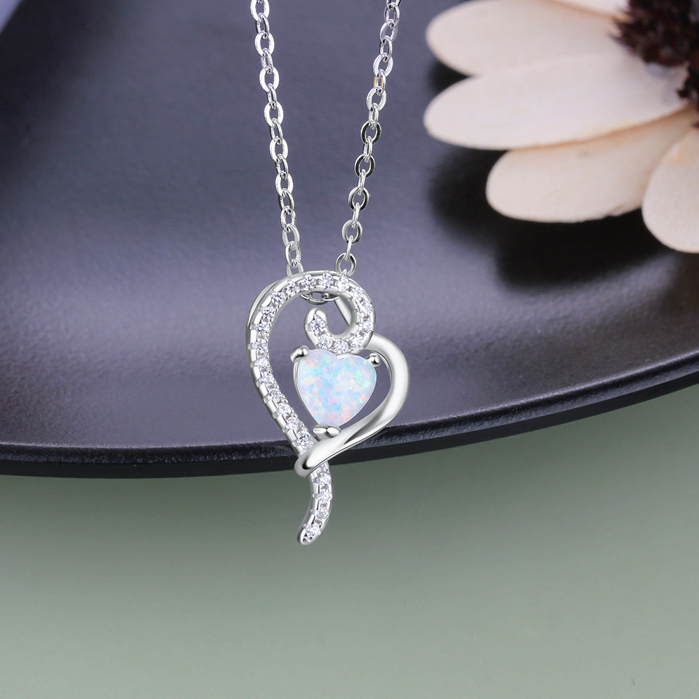 Planderful Jewelry Opal Heart Necklace in Sterling Silver with White Zircon Pendant