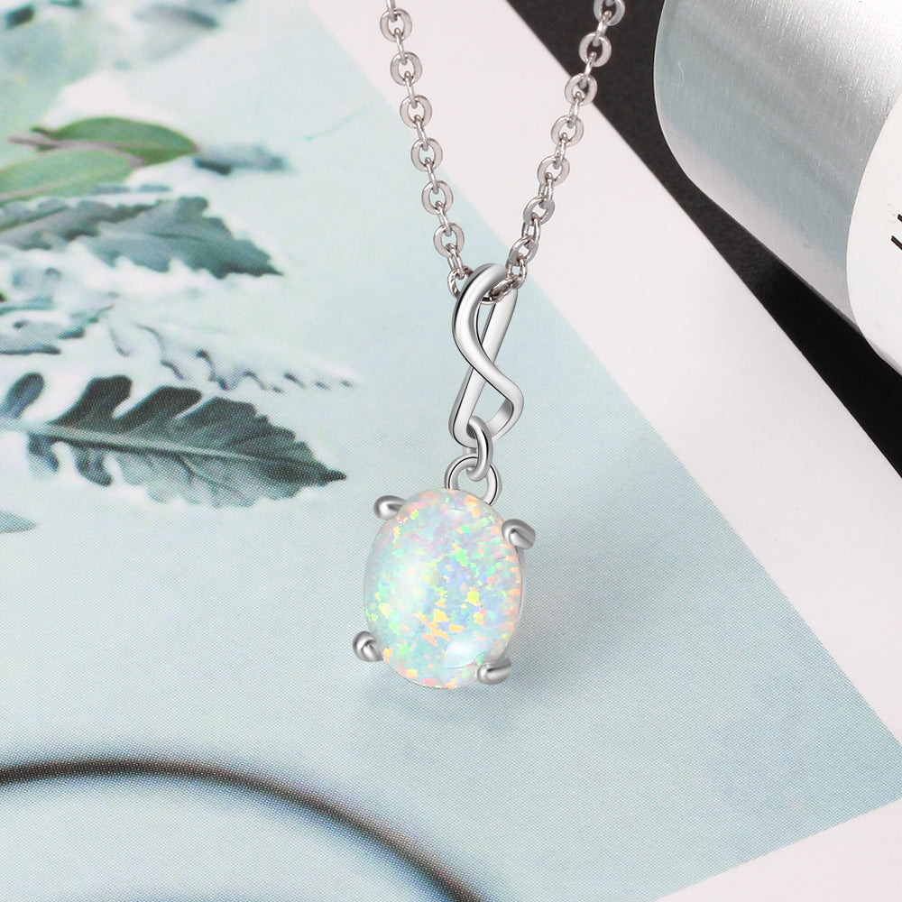 Planderful Jewelry Opal Pendant Necklace in Sterling Silver S925 For Modern Women