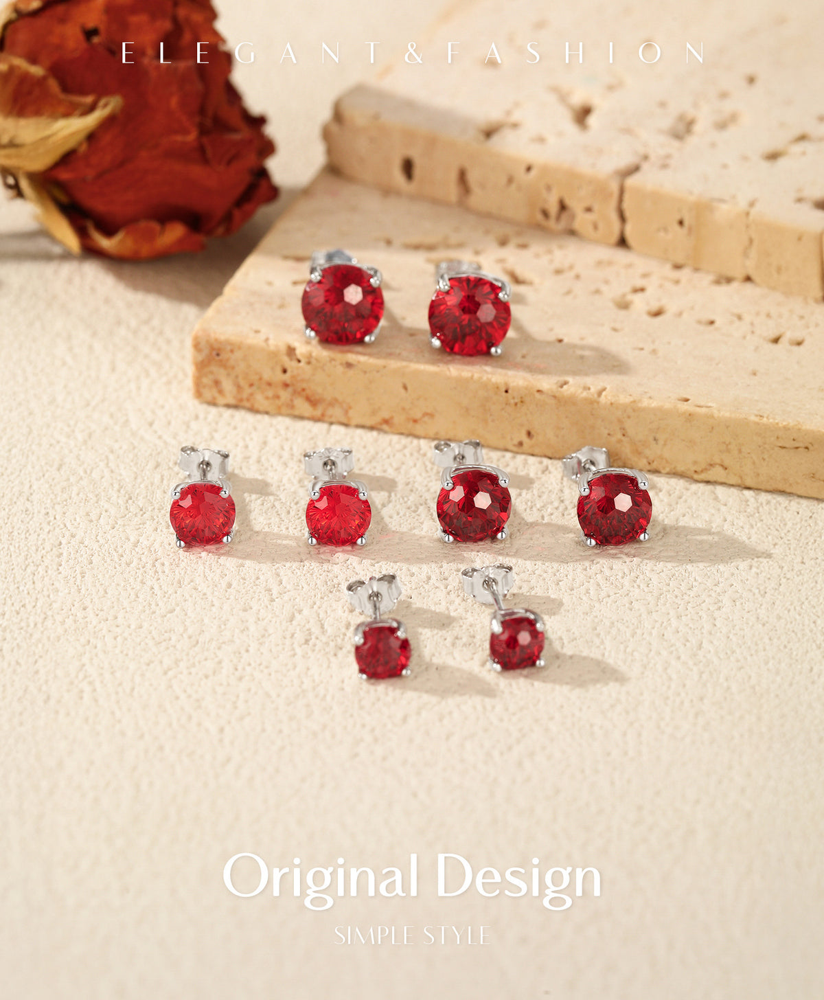 925 Sterling Silver Pomegranate Red Fireworks-Cut Stud Earrings