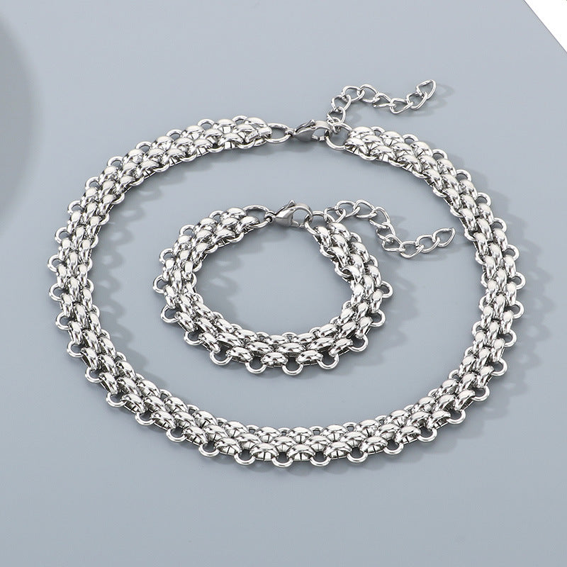 Mens Titanium Steel Triple Row Chain Necklace Bracelet