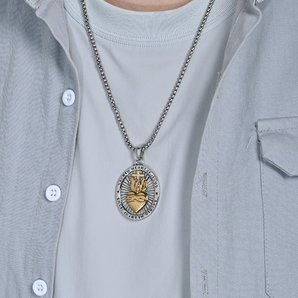 Planderful Sacred Heart Cross Titanium Steel Necklace For Men Retro European American Symbol Body Protection Jewelry