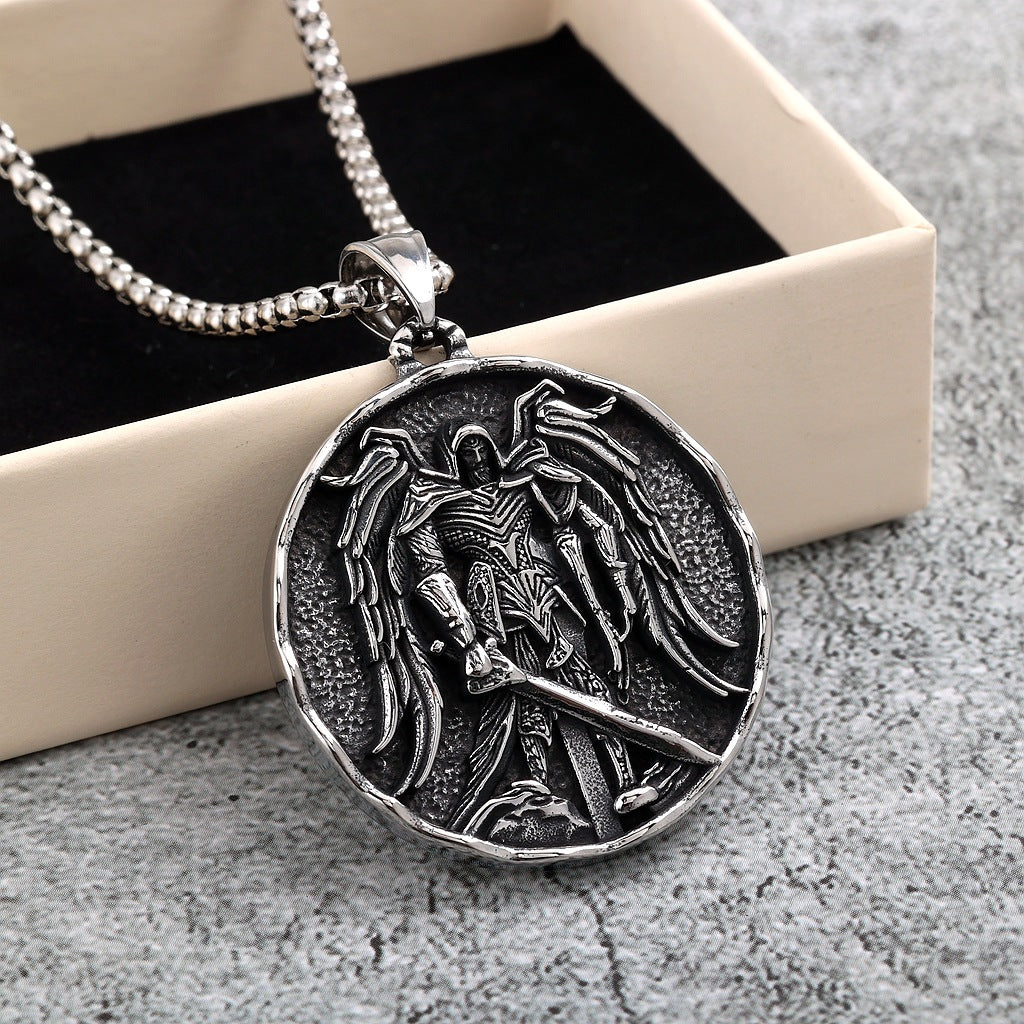 Vintage St. Michael Angel Stainless Steel Men's Pendant Necklace