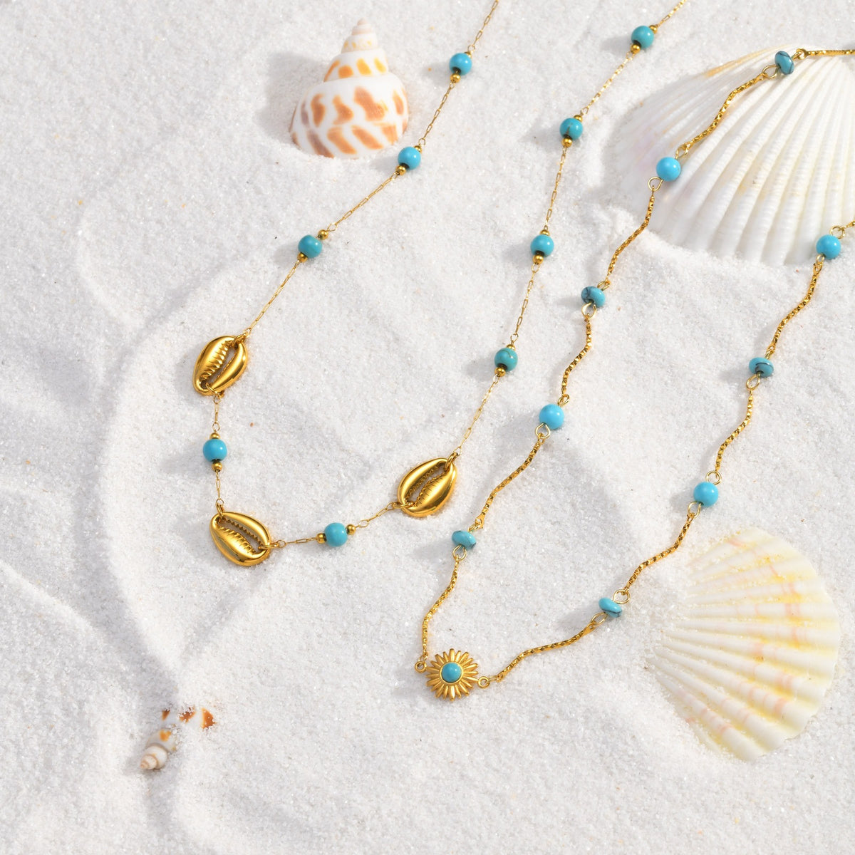 Stainless Steel Shell Turquoise Beads Stacked Women's Neck Chain Necklace