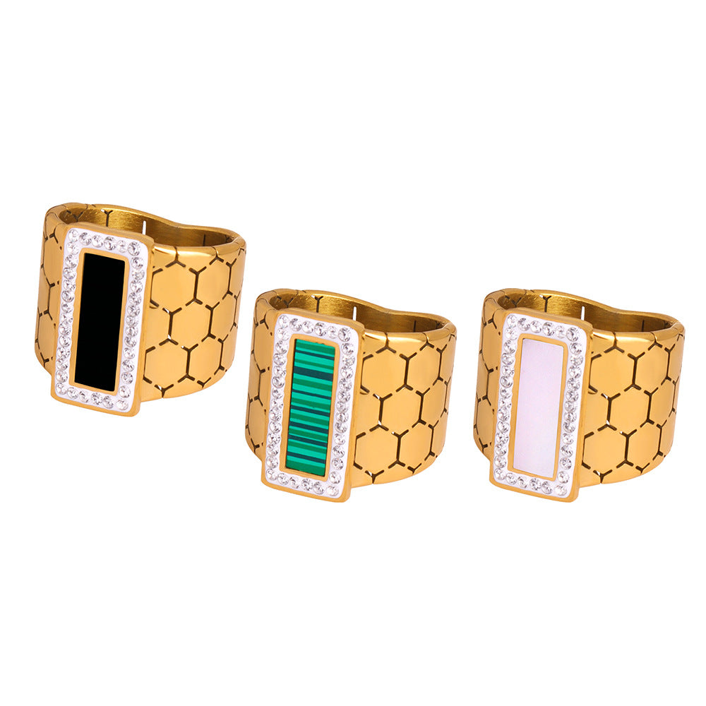 Luxurious Geometric Zircon-Embellished Ring with Titanium Steel and Gold Plating