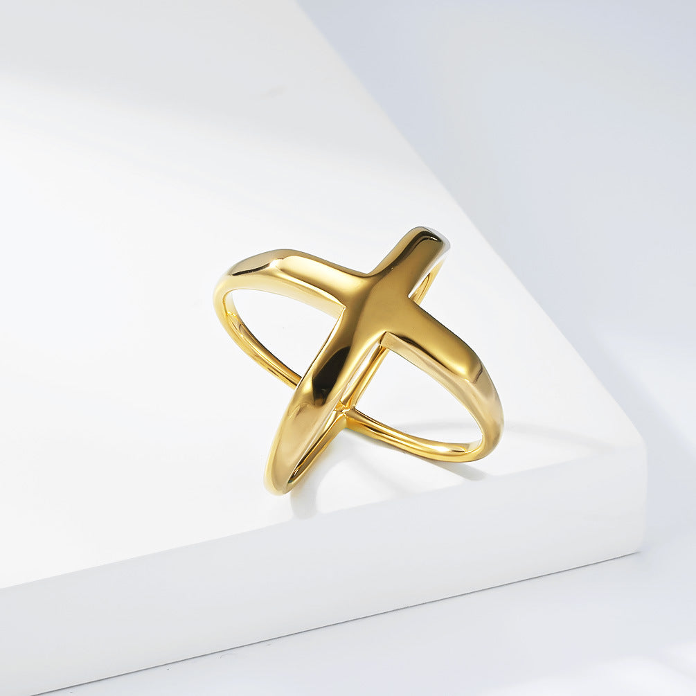 Planderful Cross Ring Stainless Steel Gold Plated Hollow Geometric Minimalist Statement For Women