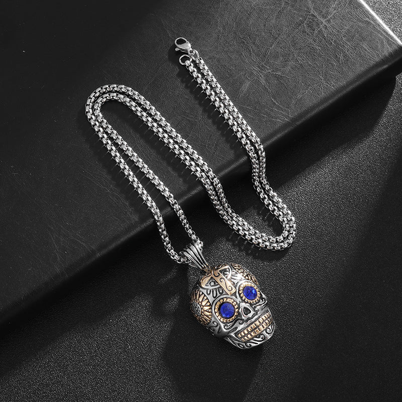 Planderful Skull Pendant Necklace Stainless Steel Gold Plated Blue Green Eyes Punk Jewelry For Boho Rockers