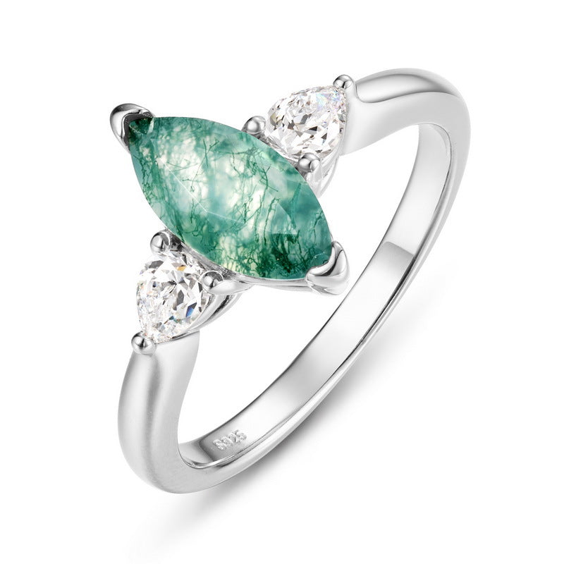 Planderful Jewelry Sterling Silver Ring With Marquise Green Moss Agate Gem Elegant Everyday Jewelry