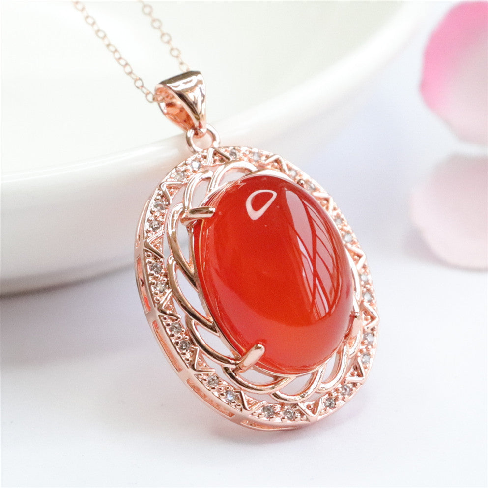 Pigeon Egg Natural Red Agate Pendant Zircon Rose Gold Clavicle Necklace Jewelry