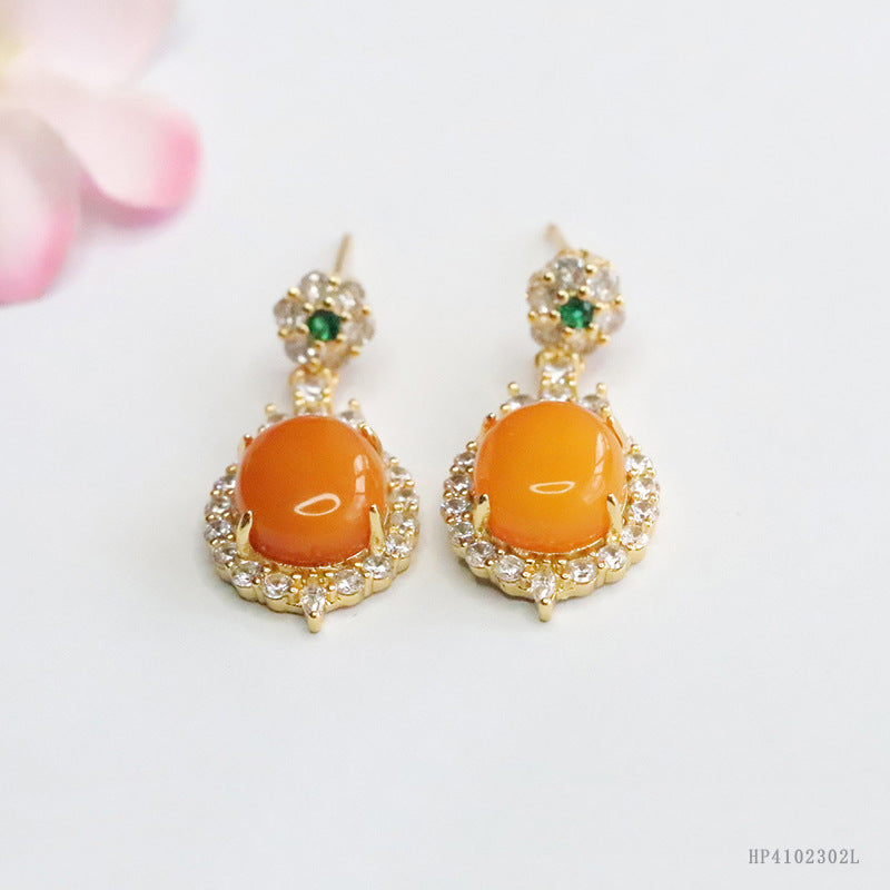 Yellow Beeswax Amber Zircon Halo Stud Earrings