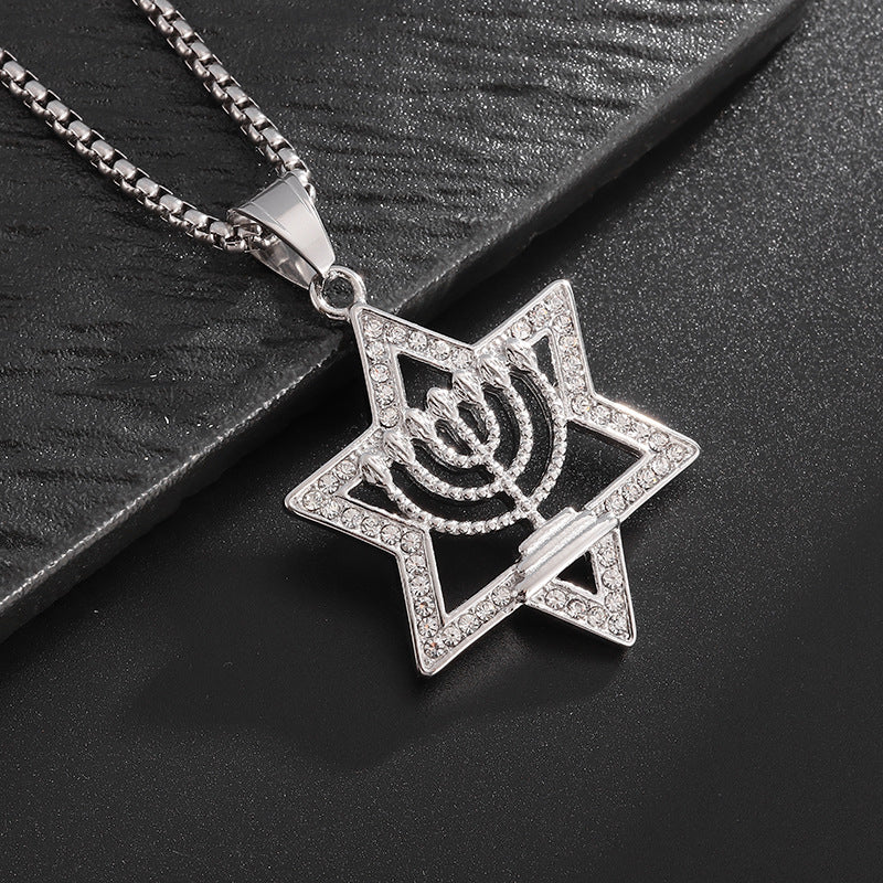 Planderful Everyday Genie Men's Six Pointed Star Necklace Titanium Steel Gold Plated Rhinestones Hip Hop Pendant
