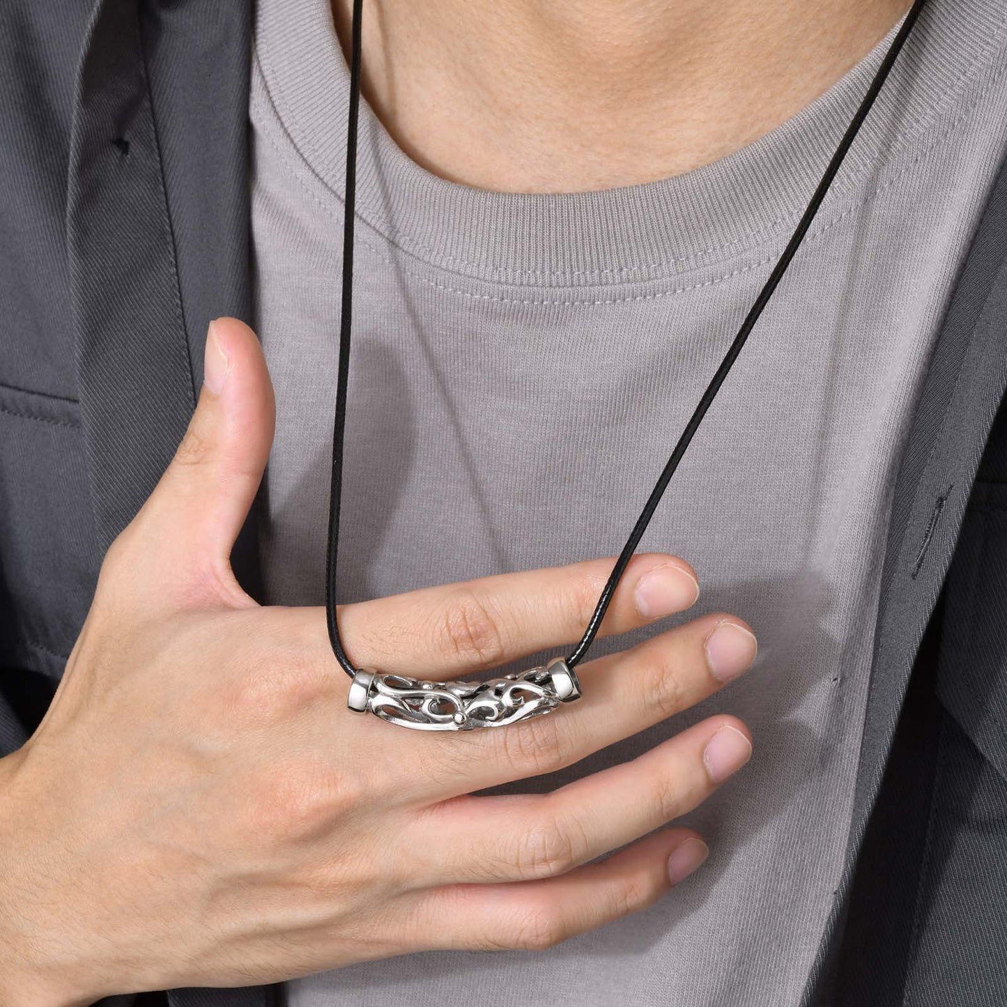 Men's Leather Rope Necklace with Stainless Steel Pendant