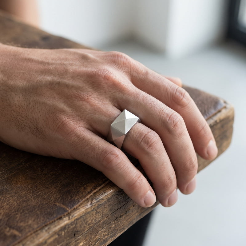 Geometric Design Three-Dimensional Ring, 8mm Rhombus Cut Stainless Steel Ring Men's