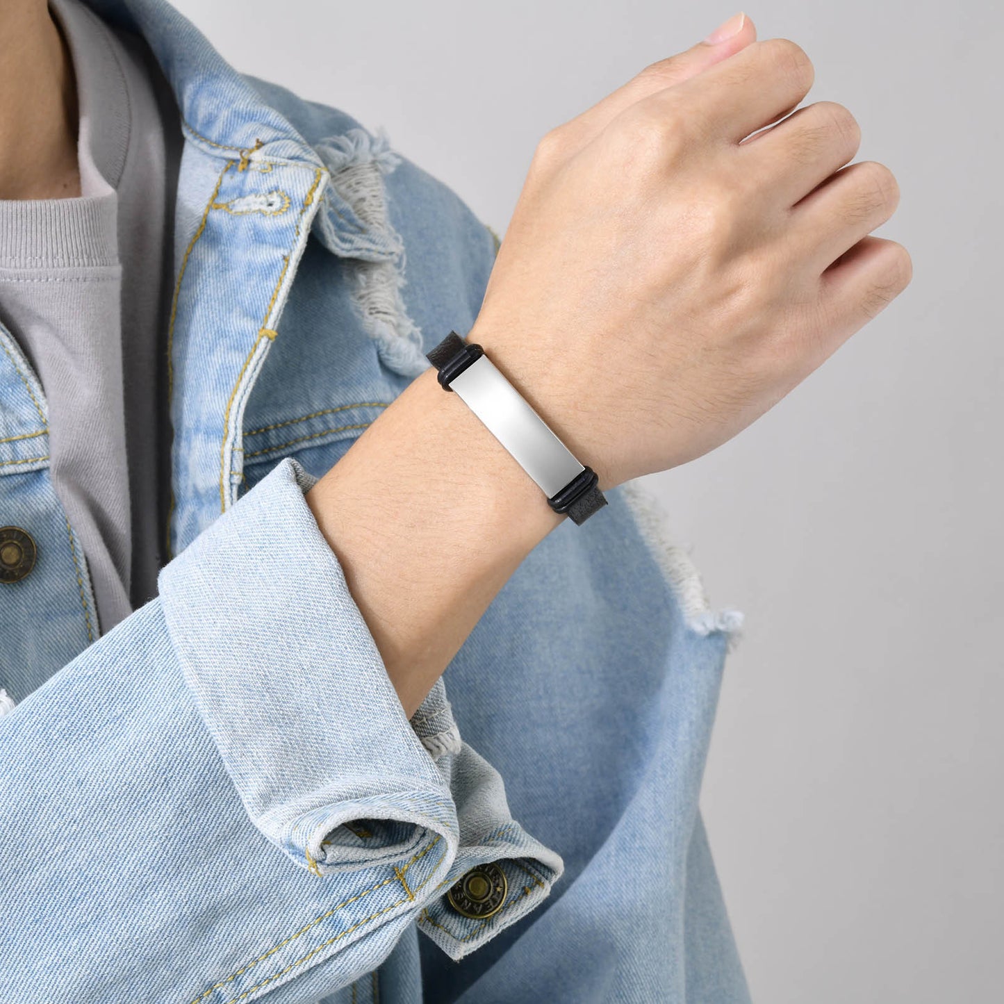 Stainless Steel Black Curved Leather Bracelet Men's Trendy Accessories Jewelry Wholesale Personalized for Men