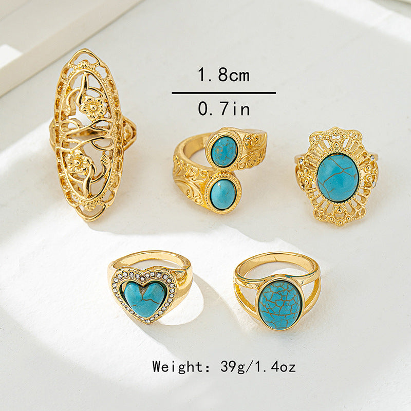 Retro Metal Round Rose Turquoise Women's Ring Set by Planderful