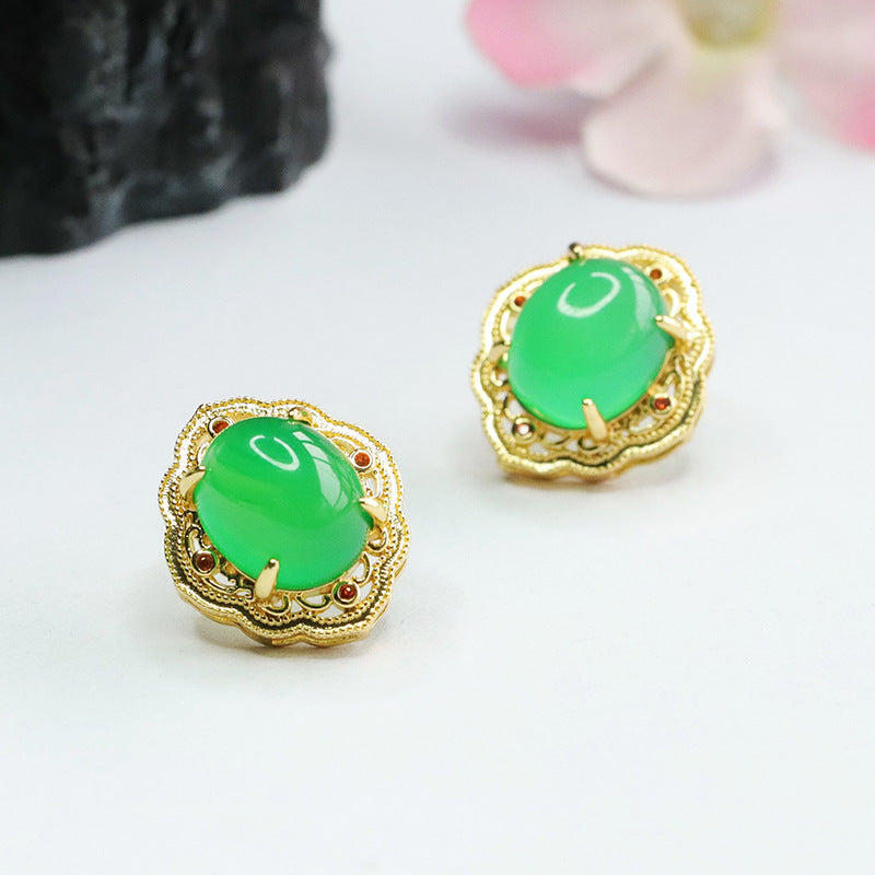 Chalcedony and Agate Retro Stud Earrings in Green with Red Accents