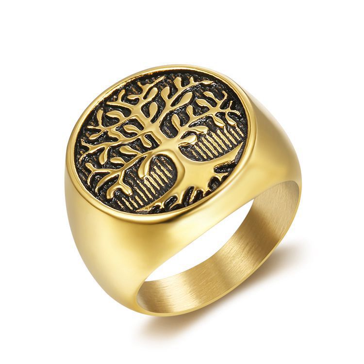 Planderful Tree of Life Ring Hip Hop Style for Men and Unisex Titanium Steel Gold Plated Protection Statement