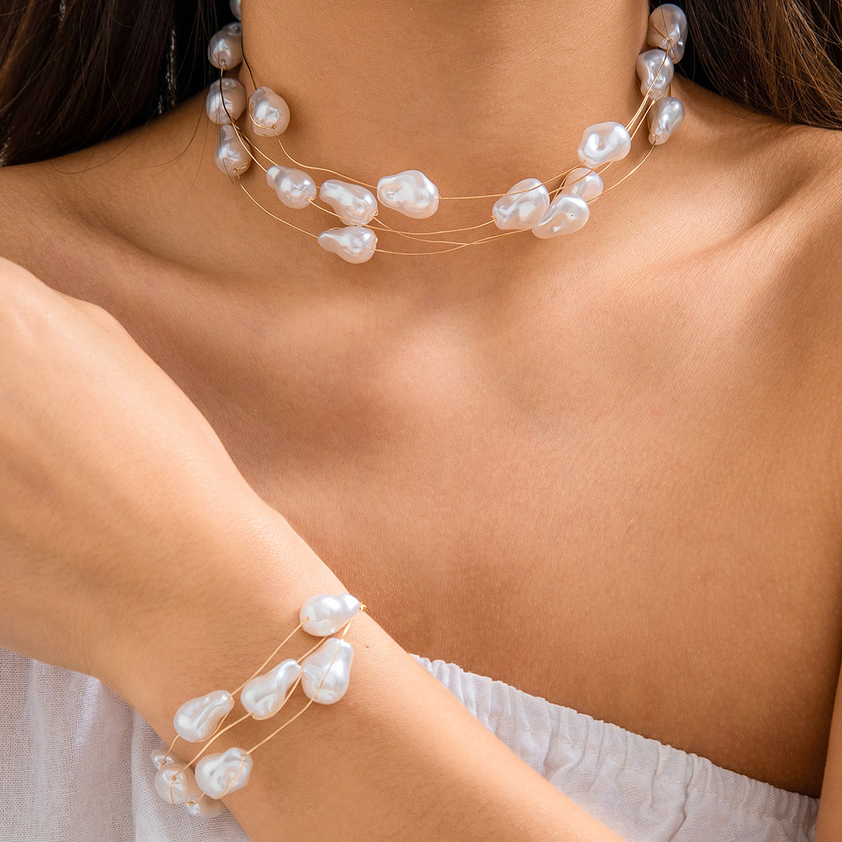 Baroque Imitation Pearl Necklace with Copper Wire Wrap