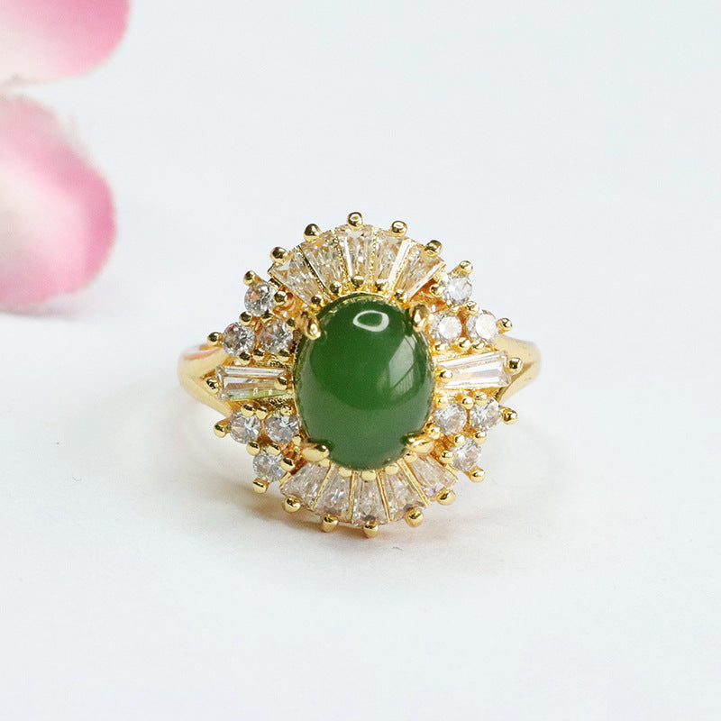 Green Jade Sterling Silver Ring with Zircon Halo