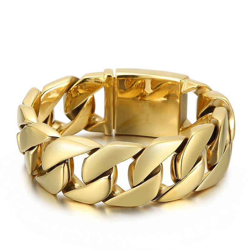 Hip-Hop Inspired Men's Thick Cuban Bracelet in Electroplated 18k Gold Titanium Steel