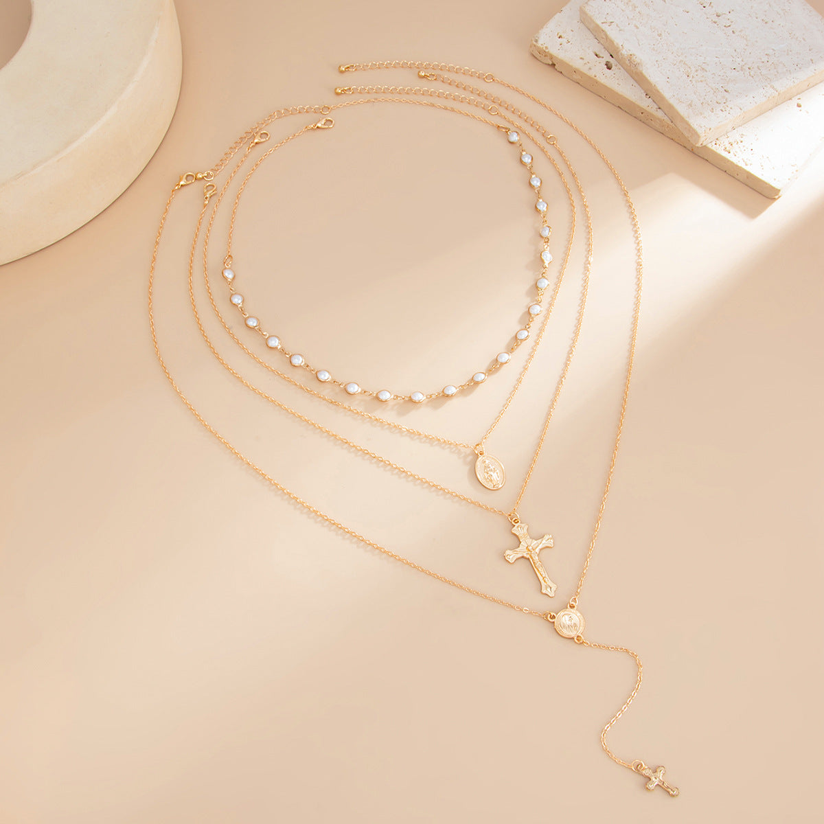 Cross, Pearl & Portrait Layered Necklace