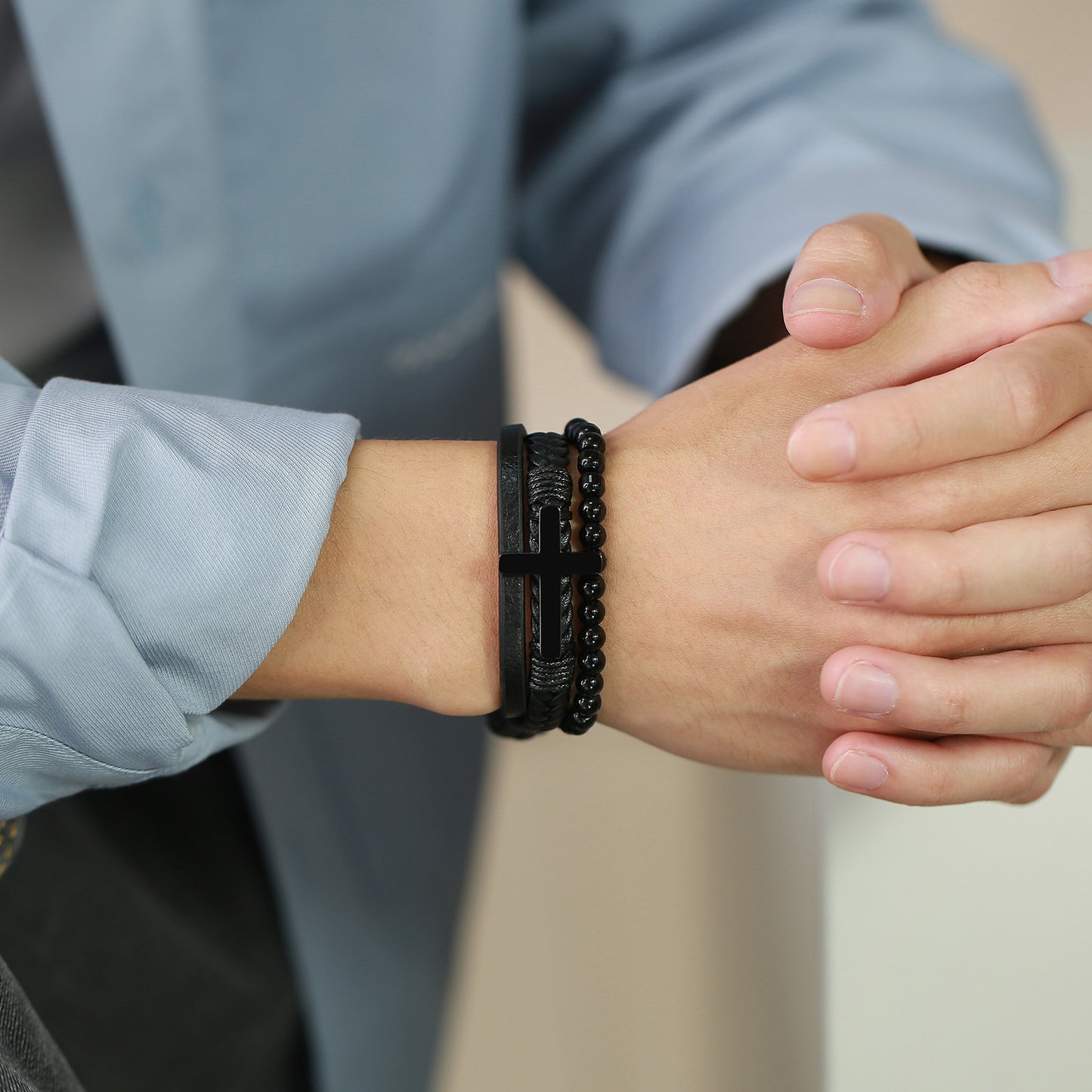Men's Stainless Steel Cross Black Agate Leather Bracelet