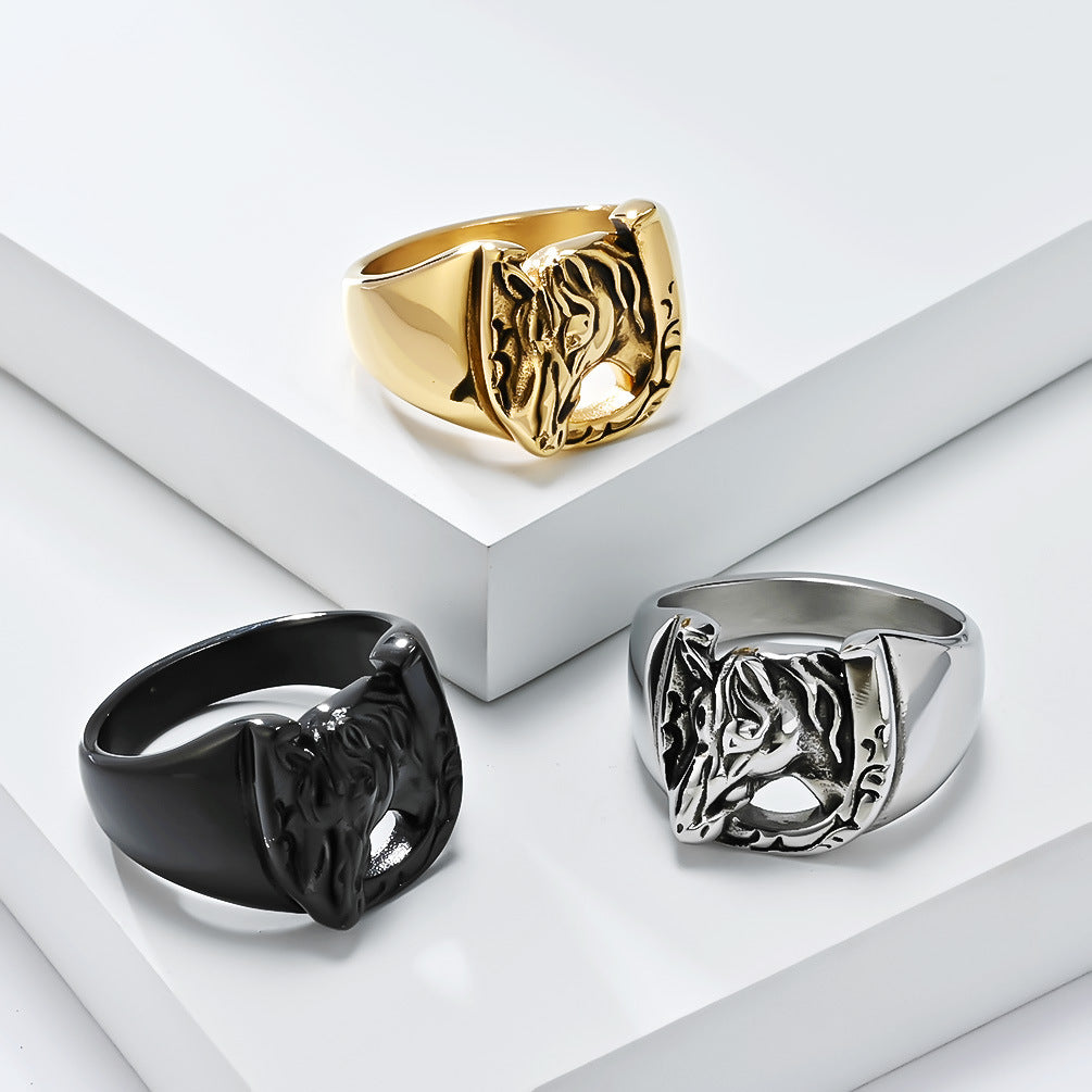 Planderful Personalized Retro Horse Head Titanium Steel Ring For Hip Hop And Hipster Style