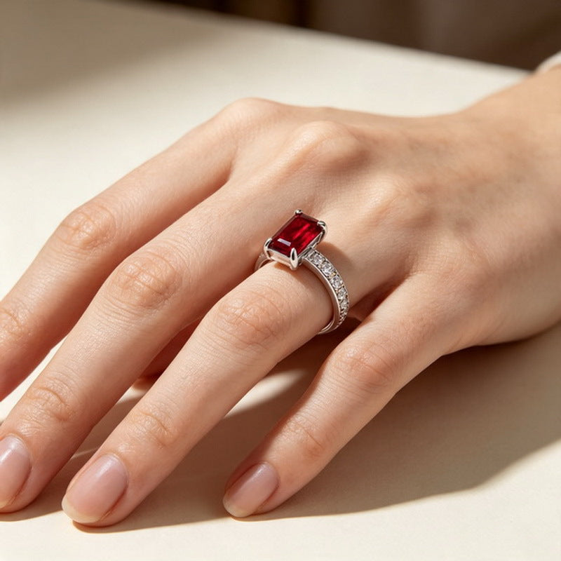 French Four-Claw Rectangle Color Zircon Ring Half Circle Zircon Stainless Steel