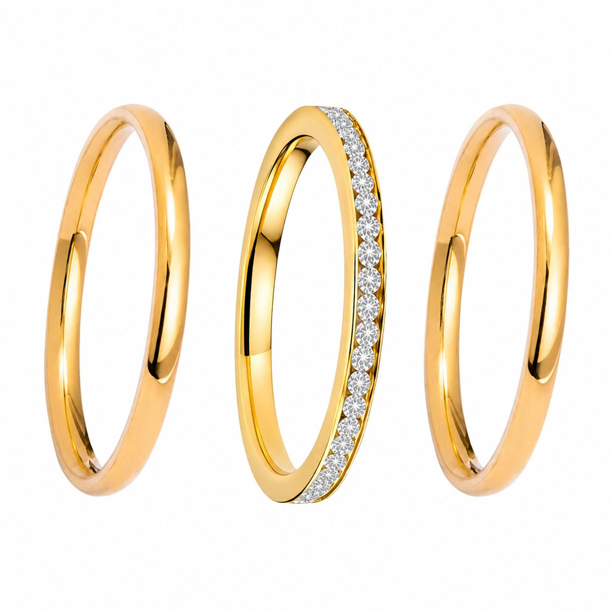 Planderful Collection Stainless Steel Stacked Ring Set For Women Non Fading Gold Zircon Three Piece Versatile Statement Jewelry
