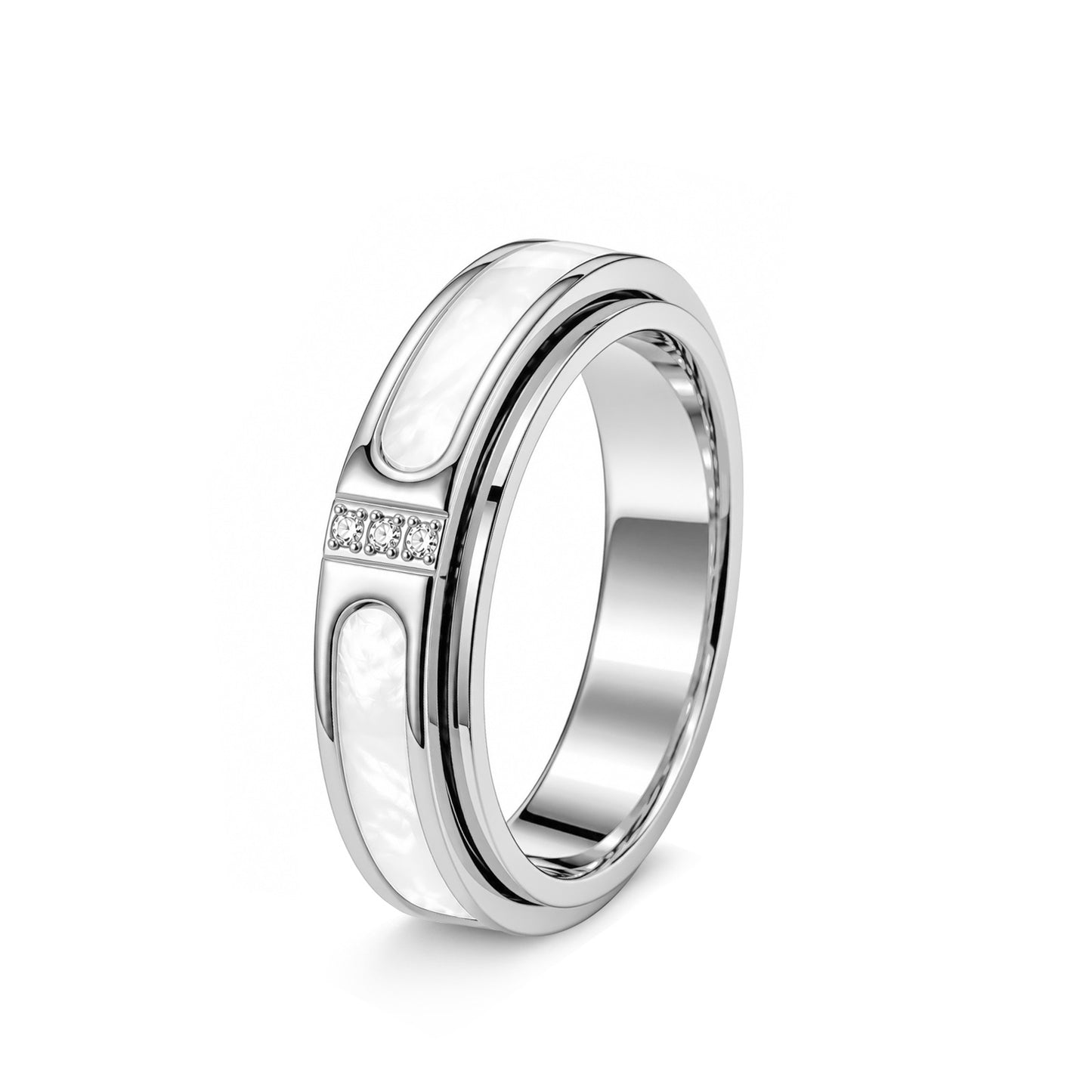 Planderful Everyday Genie Stainless Steel Rotatable Ring With White Mother Of Pearl Inlay Zircon Unisex Couple Jewelry