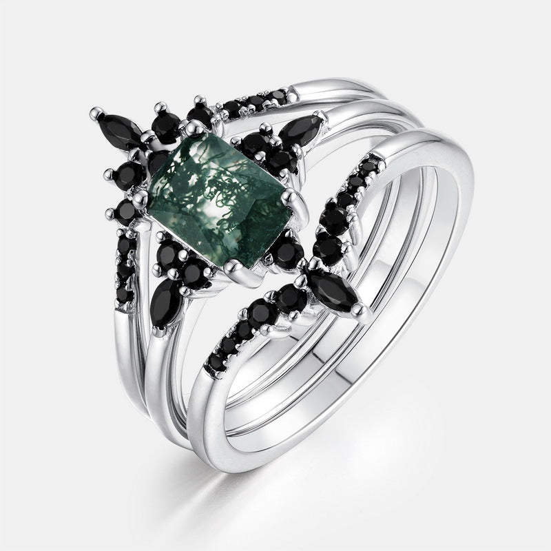 Planderful Jewelry Green Moss Agate Sterling Silver Ring Natural Rectangle V Shape Elegant Modern Ring