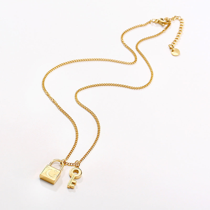 Jewelry Stainless Steel Key Lock Necklace Gold Ladies Fashion