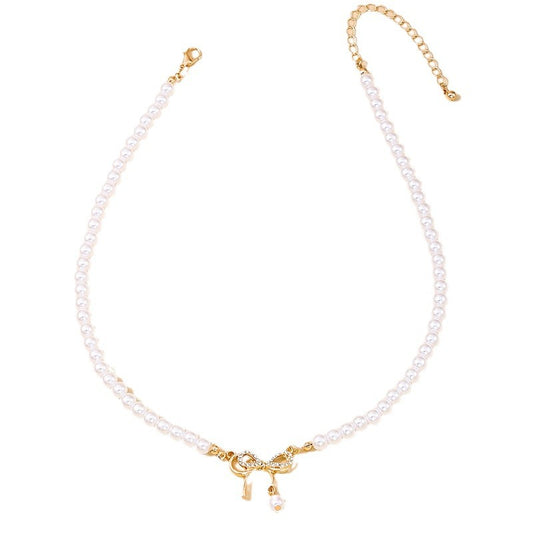 Stylish Bow Pearl Necklace with Hip-Hop Pendant