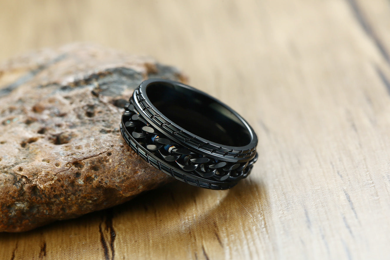 Titanium Steel Ring Accessories Stainless Steel Rotating Tire Pattern Chain Ring Men's Black Ring
