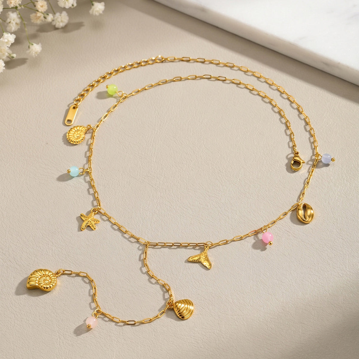 Ladies Gold Stainless Steel Ocean Natural Stone Y-Shaped Necklace Stacked Daily Gift