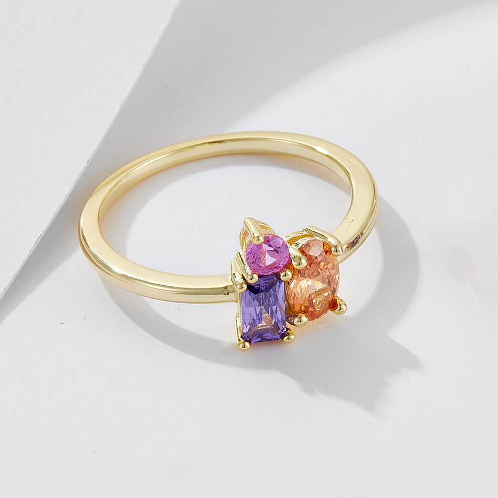 S925 Silver Geometric Rectangular Oval Colored Zircon Ring Wind Colored Treasure Ring