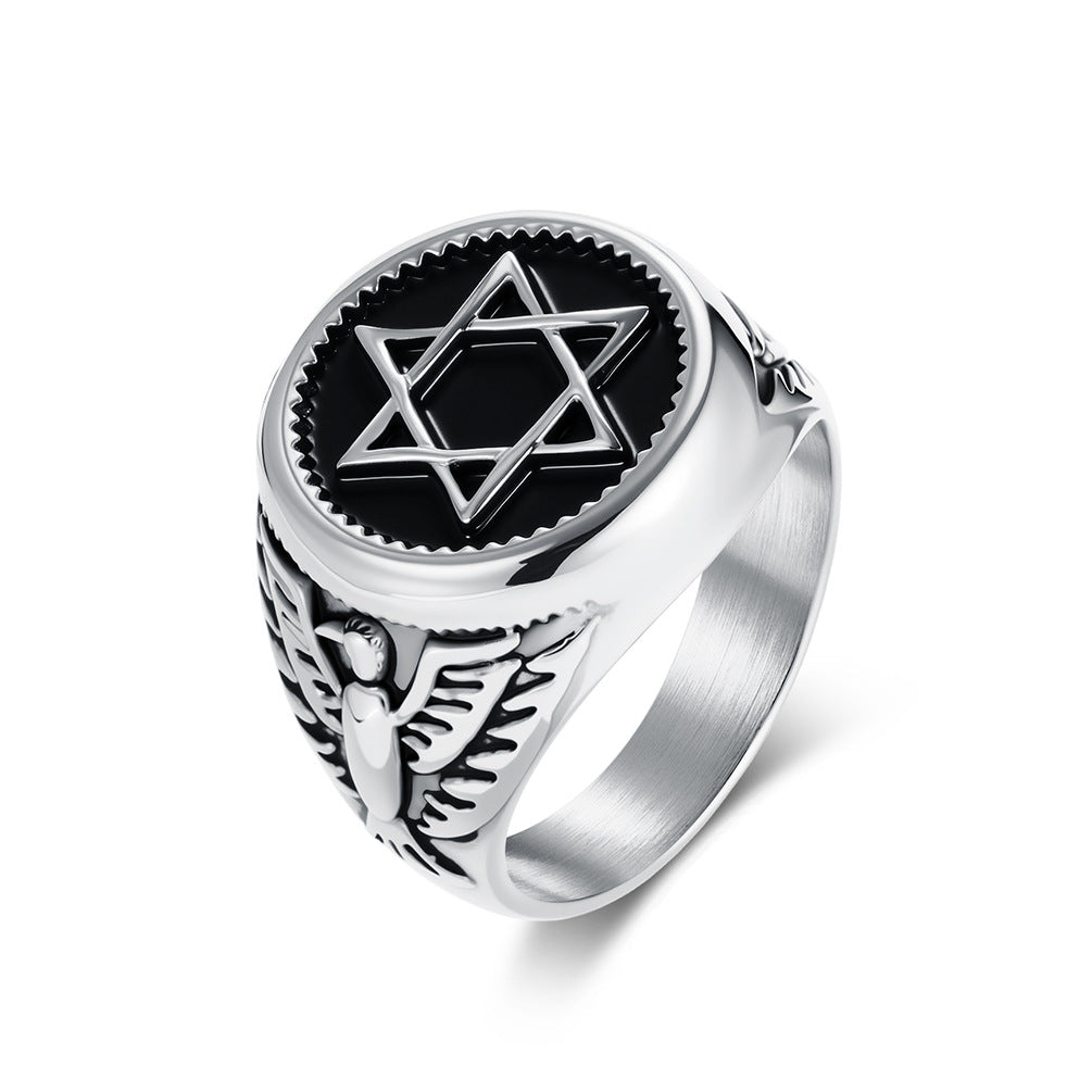Planderful Stainless Steel Hexagram Eagle Head Ring For Men Retro Trendy Punk Jewelry