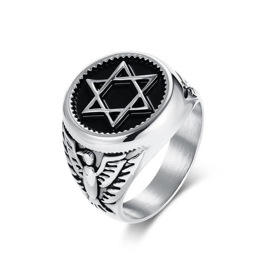 Hexagram Bald Eagle Stainless Steel Ring Men's David Star