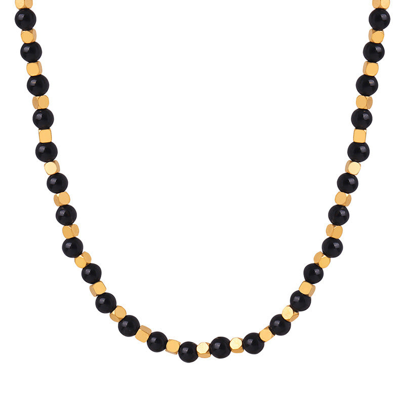 Luxurious Handcrafted Black Agate Beaded Necklace - Elegant Titanium Steel Jewelry for Women