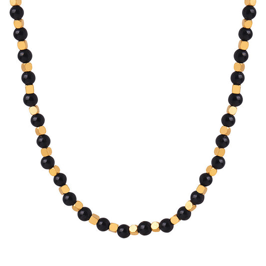 Luxurious Handcrafted Black Agate Beaded Necklace - Elegant Titanium Steel Jewelry for Women