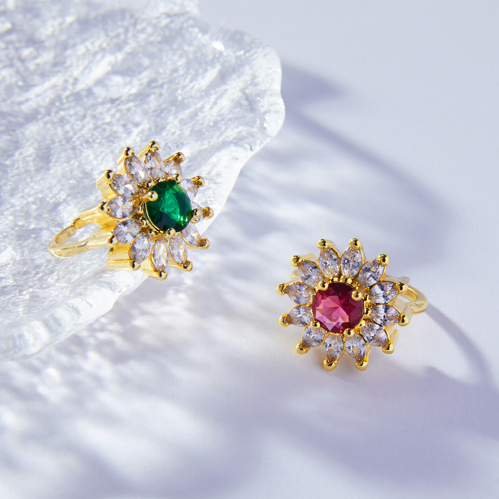 Korean Geometric Flower Zircon Copper Open Ring