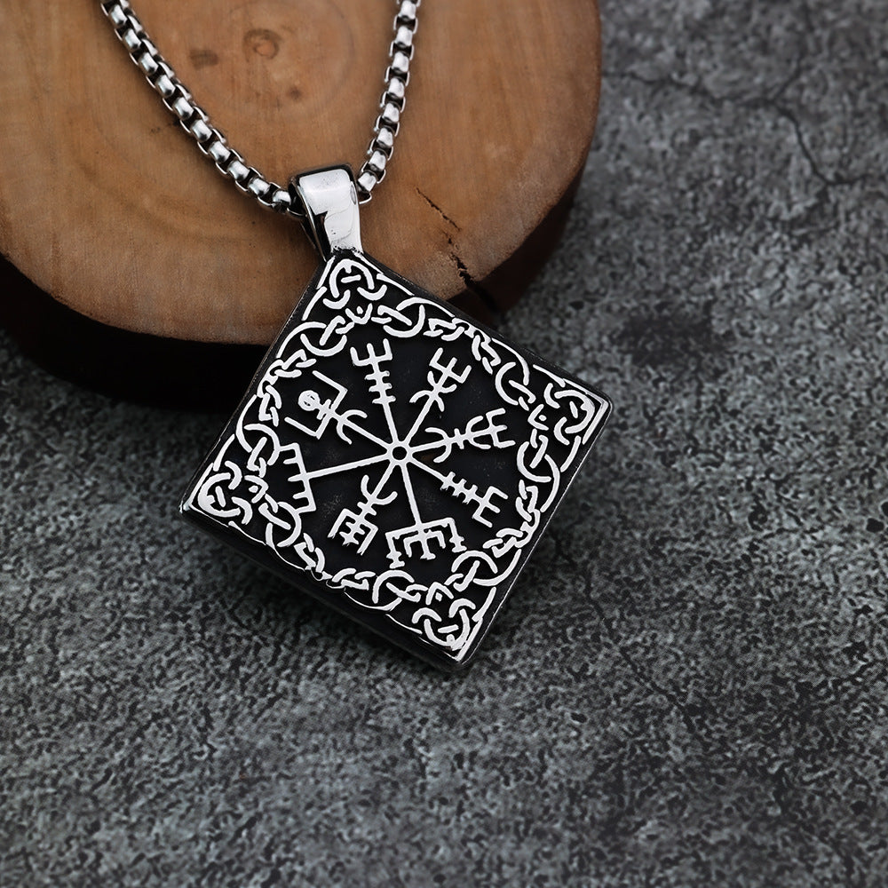 Viking Compass Rune Square Titanium Steel Pendant Necklace