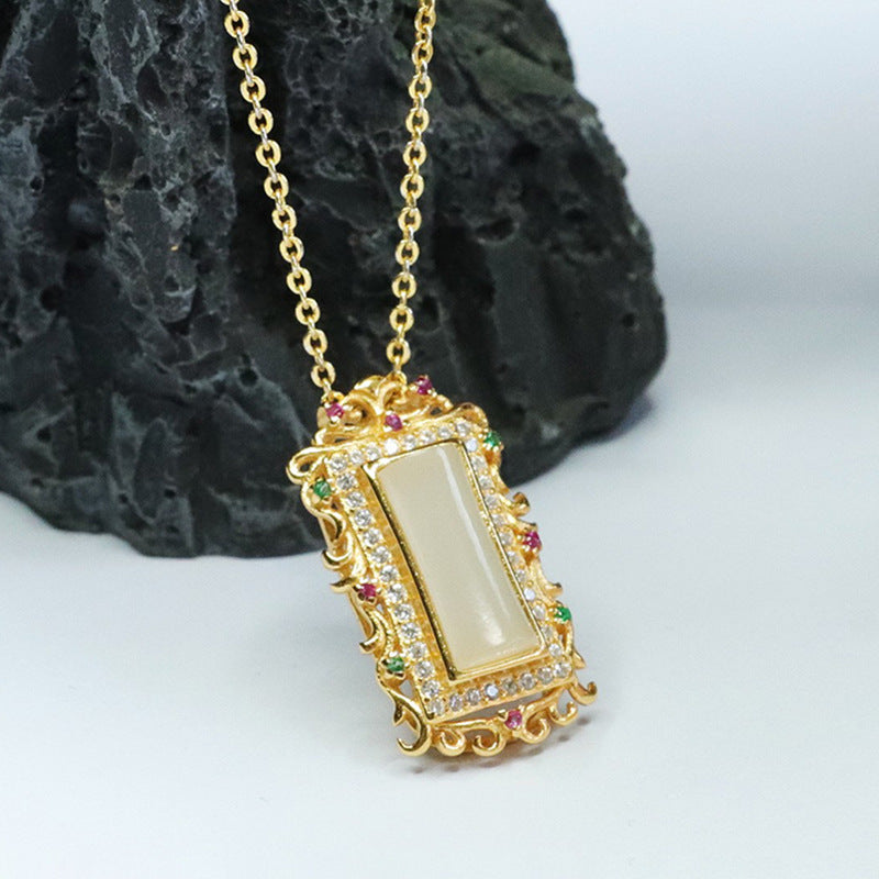 White Jade Pendant Necklace with Colorful Zircon Accents